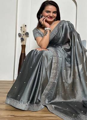 Gray exclusive designer rangoli silk saree with sequins & stone work 2