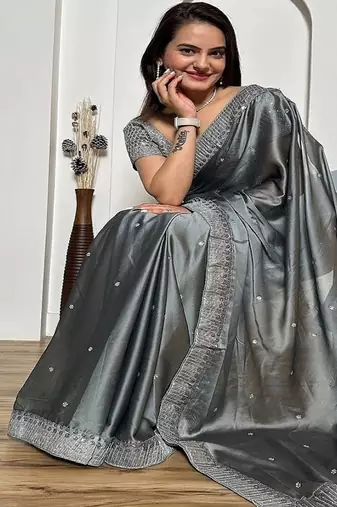 Gray exclusive designer rangoli silk saree with sequins & stone work