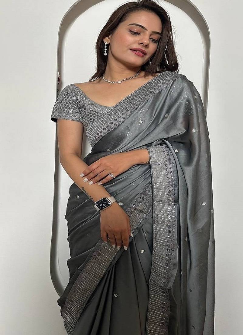 Gray exclusive designer rangoli silk saree with sequins & stone work