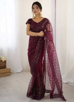 Wine glitter glamour and everything in between mesmerizing net saree set 1