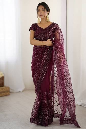 Wine glitter glamour and everything in between mesmerizing net saree set