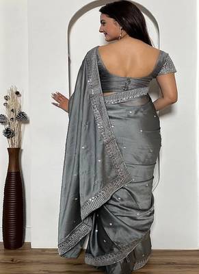 Gray exclusive designer rangoli silk saree with sequins & stone work 4