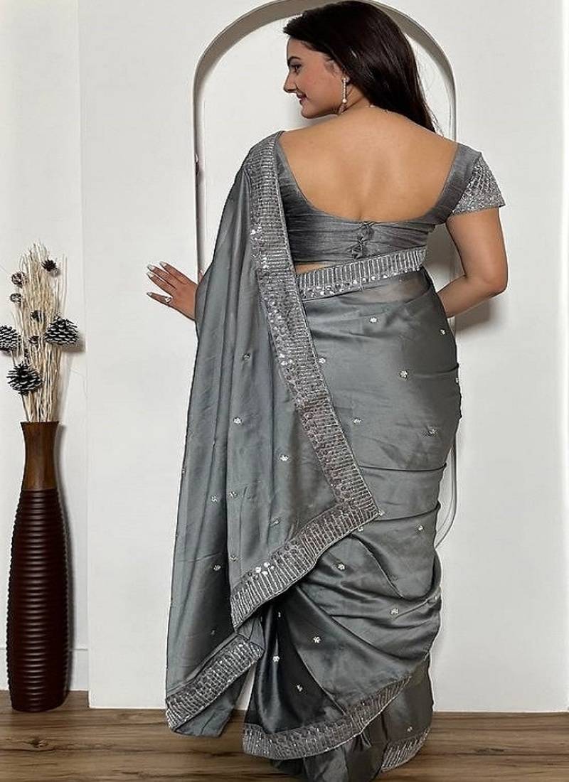 Gray exclusive designer rangoli silk saree with sequins & stone work