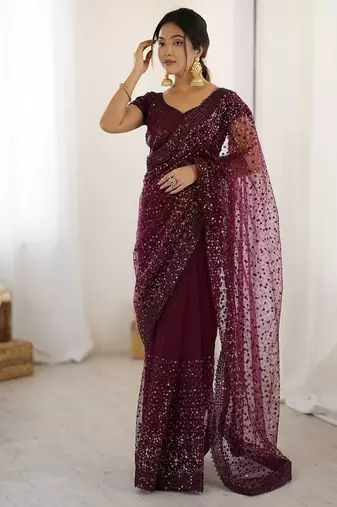 Wine glitter glamour and everything in between mesmerizing net saree set