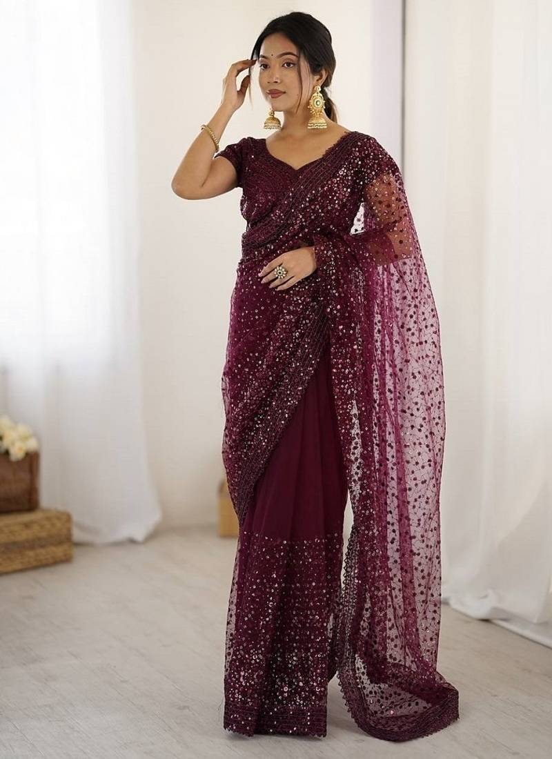 Wine glitter glamour and everything in between mesmerizing net saree set