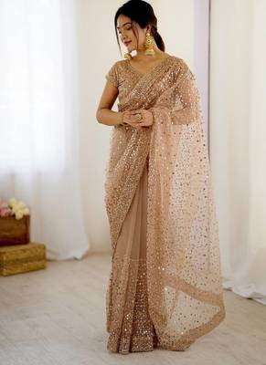 Light beige glitter glamour and everything in between mesmerizing net saree set 1