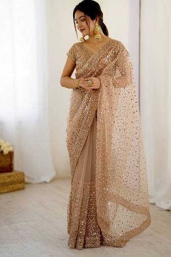 Light beige glitter glamour and everything in between mesmerizing net saree set