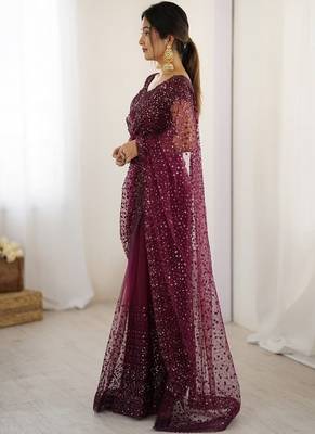 Wine glitter glamour and everything in between mesmerizing net saree set 3