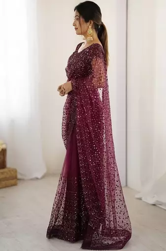 Wine glitter glamour and everything in between mesmerizing net saree set