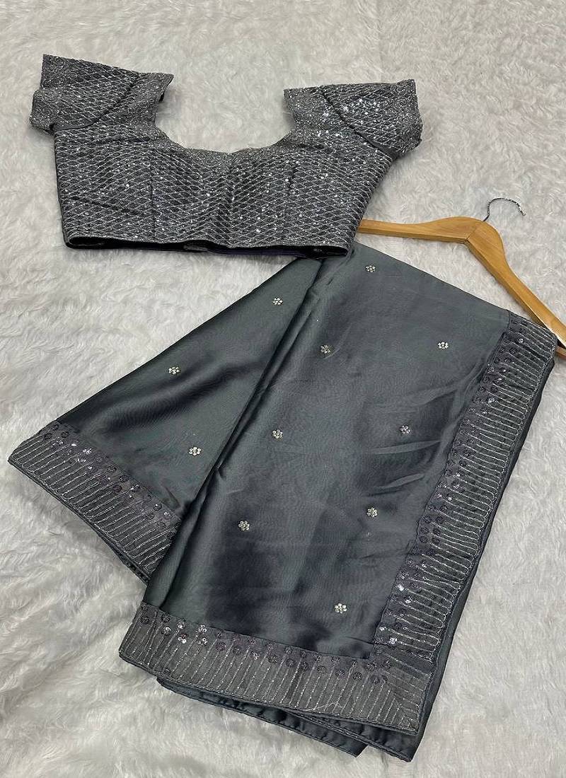 Gray exclusive designer rangoli silk saree with sequins & stone work