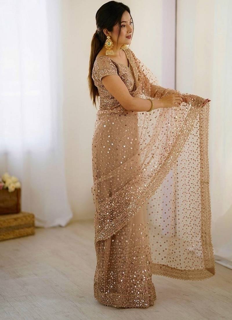 Light beige glitter glamour and everything in between mesmerizing net saree set