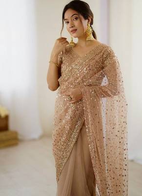Light beige glitter glamour and everything in between mesmerizing net saree set 3