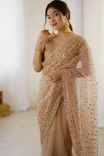 Light beige glitter glamour and everything in between mesmerizing net saree set