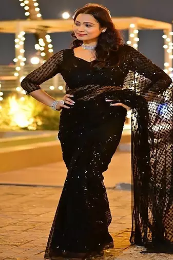 Heavy sequins work black colour saree for festival