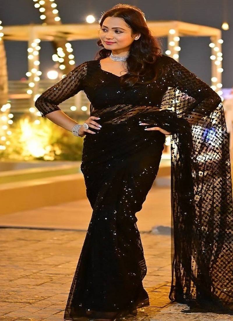 Heavy sequins work black colour saree for festival
