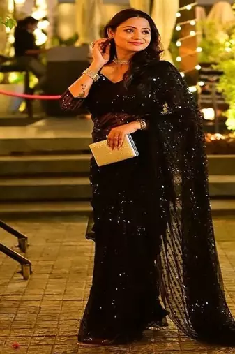 Heavy sequins work black colour saree for festival