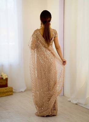 Light beige glitter glamour and everything in between mesmerizing net saree set 4