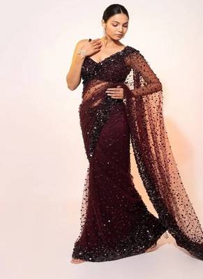 Dark maroon glamorous net saree with hologram sequin work     shine & slay 1