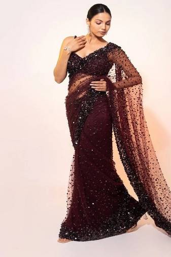 Dark maroon glamorous net saree with hologram sequin work – shine & slay