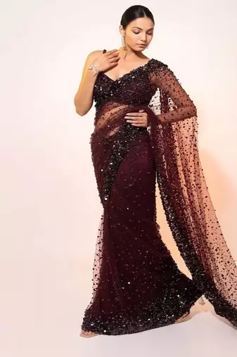 Dark maroon glamorous net saree with hologram sequin work – shine & slay