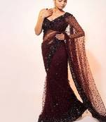 Dark maroon glamorous net saree with hologram sequin work – shine & slay