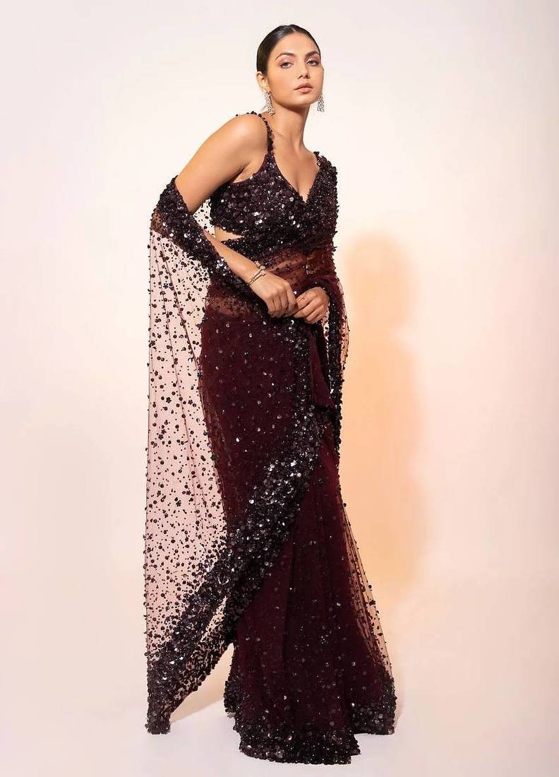 Dark maroon glamorous net saree with hologram sequin work – shine & slay