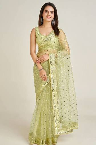 Pista elegant net saree with sequins & dori work and banglori silk blouse