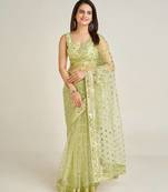 Pista elegant net saree with sequins & dori work and banglori silk blouse