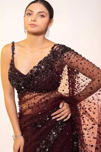 Dark maroon glamorous net saree with hologram sequin work – shine & slay