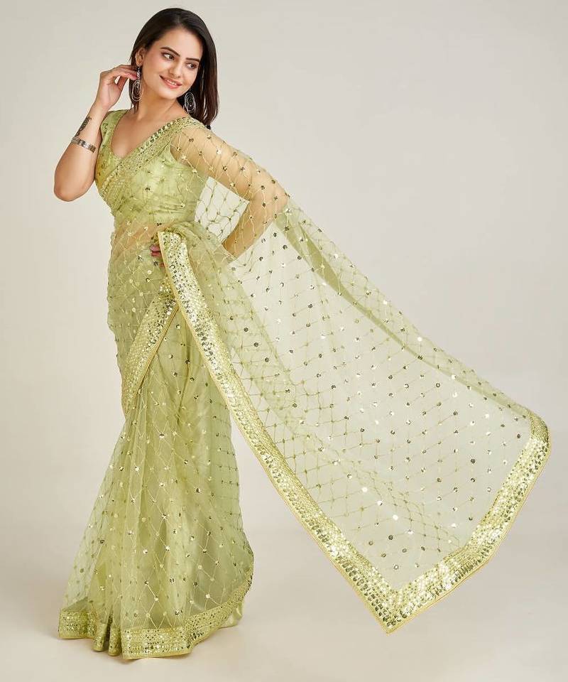 Pista elegant net saree with sequins & dori work and banglori silk blouse