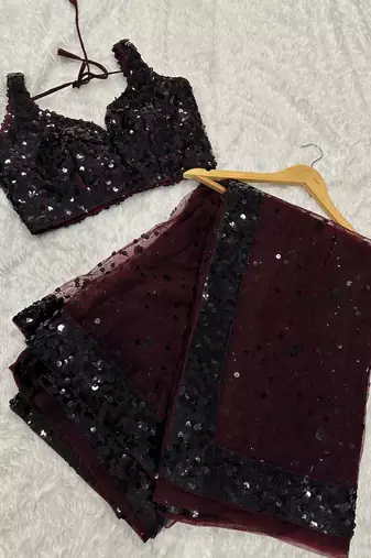 Dark maroon glamorous net saree with hologram sequin work – shine & slay
