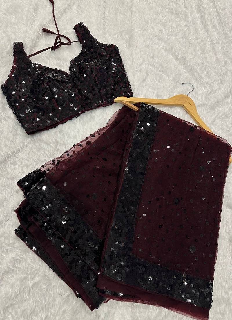 Dark maroon glamorous net saree with hologram sequin work – shine & slay