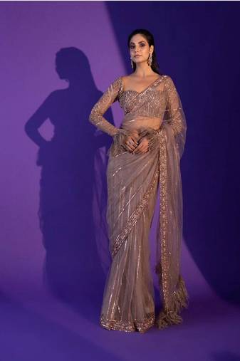Light brown heart-stealing net saree with sequins, dori & zari work