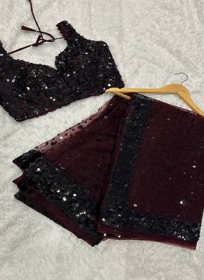 Dark maroon glamorous net saree with hologram sequin work     shine & slay 5