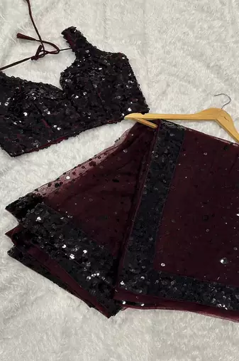 Dark maroon glamorous net saree with hologram sequin work – shine & slay