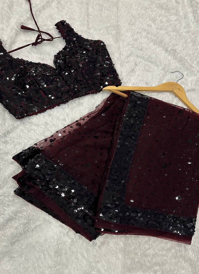 Dark maroon glamorous net saree with hologram sequin work – shine & slay