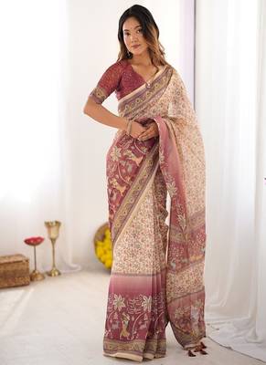 Cream handloom cotton saree with floral jaal, peacock motifs & storytelling pallu 1