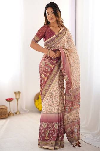 Cream handloom cotton saree with floral jaal, peacock motifs & storytelling pallu