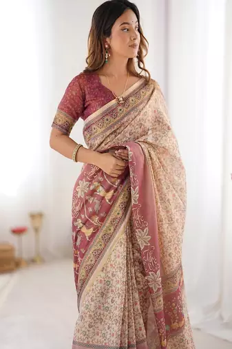 Cream handloom cotton saree with floral jaal, peacock motifs & storytelling pallu