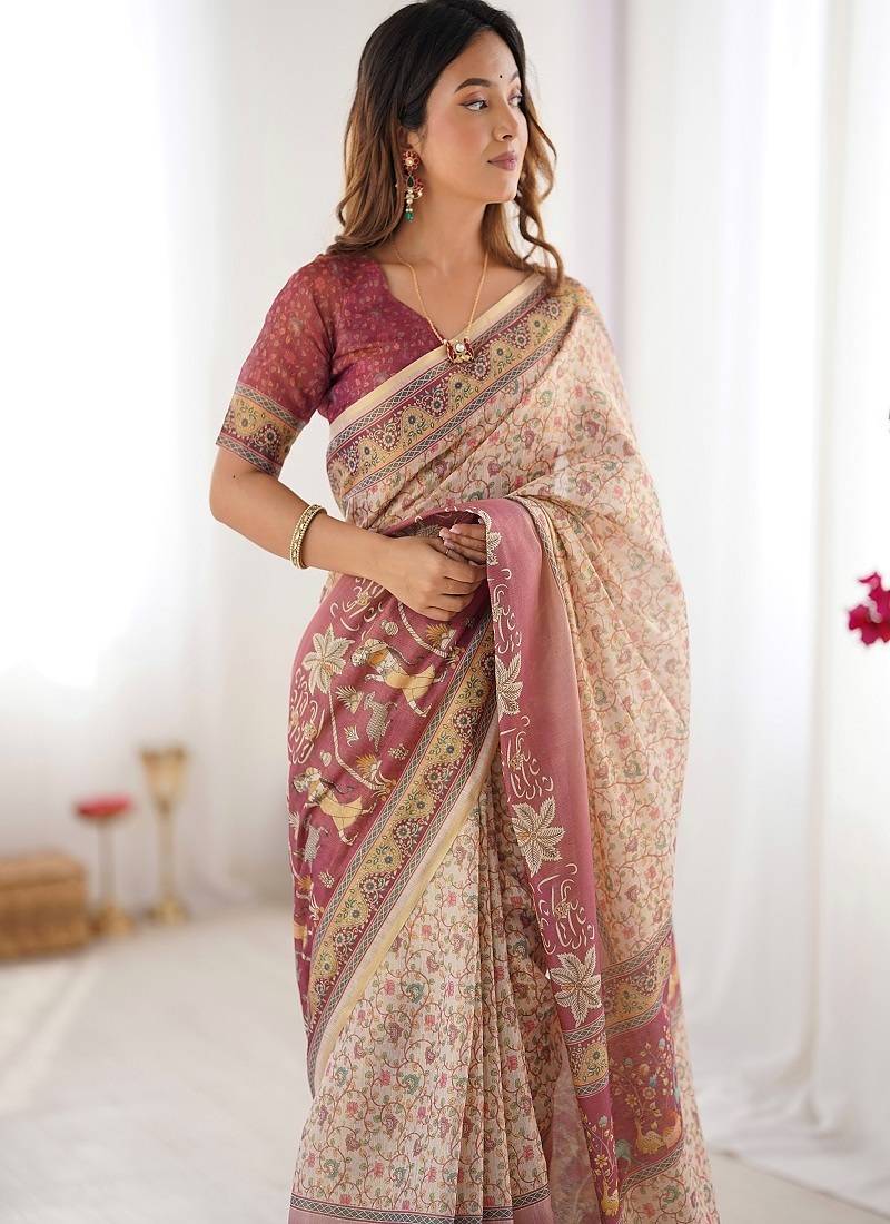 Cream handloom cotton saree with floral jaal, peacock motifs & storytelling pallu