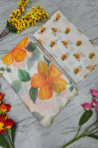 White motif taby silk embellished with beautiful floral print saree set