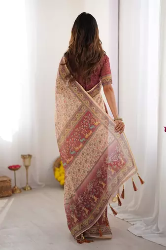 Cream handloom cotton saree with floral jaal, peacock motifs & storytelling pallu