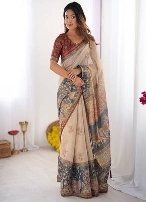 Beige handloom cotton saree with maroon blouse and multicolor royal procession pallu 1