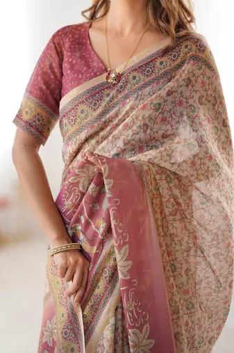 Cream handloom cotton saree with floral jaal, peacock motifs & storytelling pallu