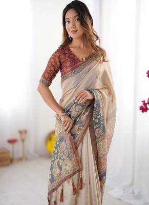 Beige handloom cotton saree with maroon blouse and multicolor royal procession pallu 2