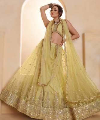 YELLOW Designer Butterfly Net Lehenga Choli with Fancy Lace Dupatta 1