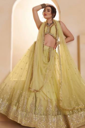 YELLOW Designer Butterfly Net Lehenga Choli with Fancy Lace Dupatta
