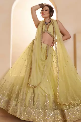 YELLOW Designer Butterfly Net Lehenga Choli with Fancy Lace Dupatta
