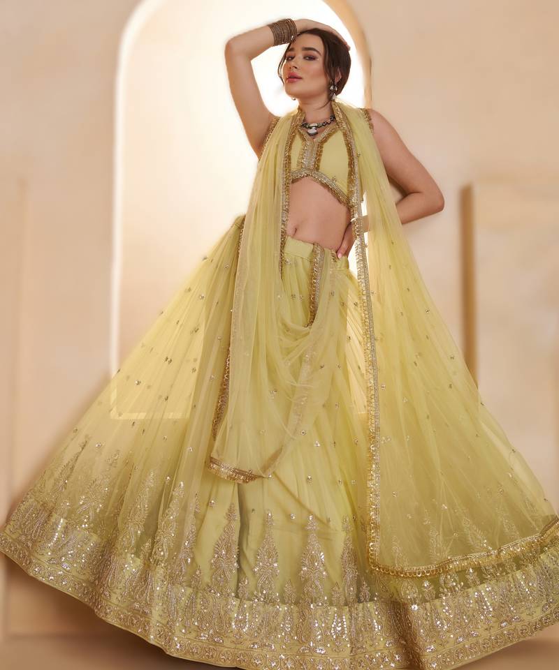 YELLOW Designer Butterfly Net Lehenga Choli with Fancy Lace Dupatta