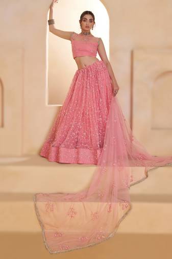 LIGHT PINK Designer Butterfly Net Lehenga Choli with Fancy Lace Dupatta